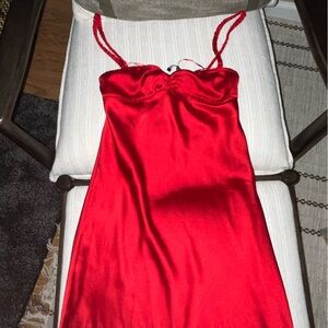 Zara Red Satin Chemise with Spaghetti Straps